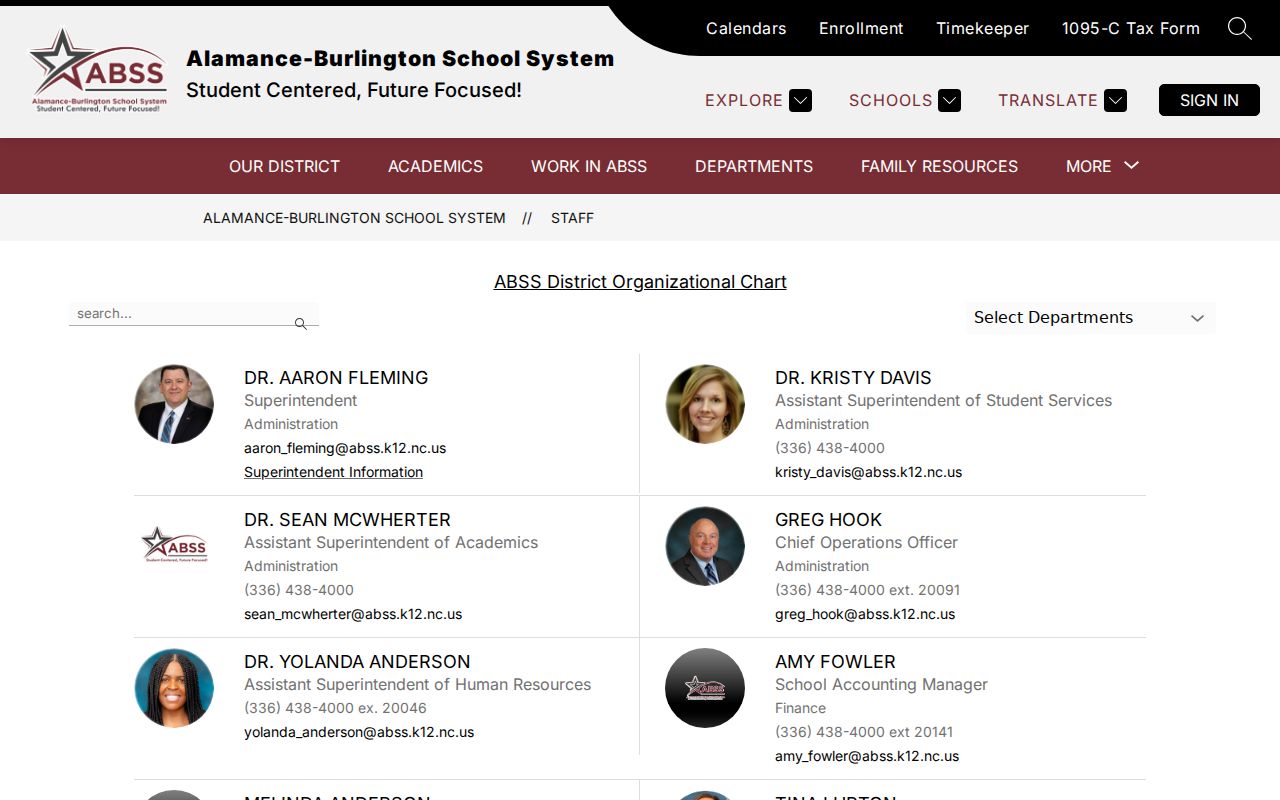 Burlington people directories search in the ABSS staff listing