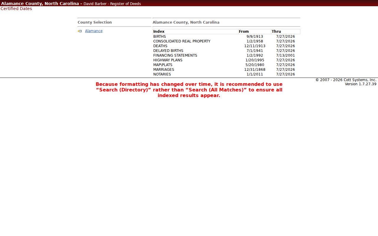 Burlington public records coverage dates for Alamance deed and vital indexes