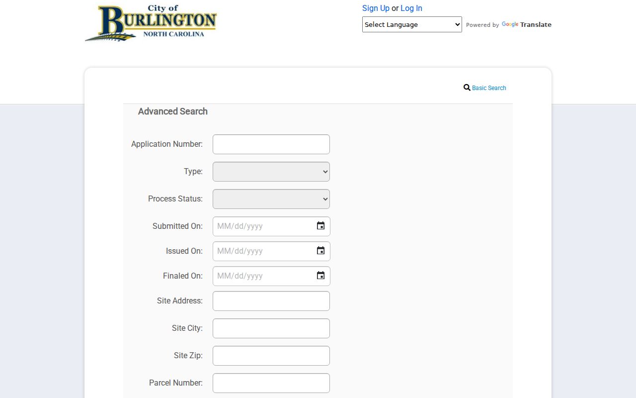 Burlington public records permit search with contact and parcel fields