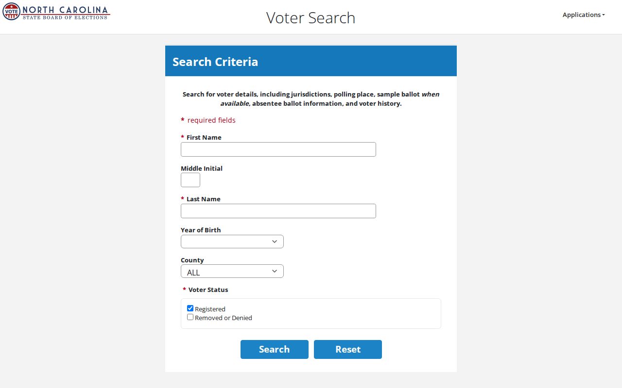 Burlington voter registration lookup fields in the North Carolina Voter Search